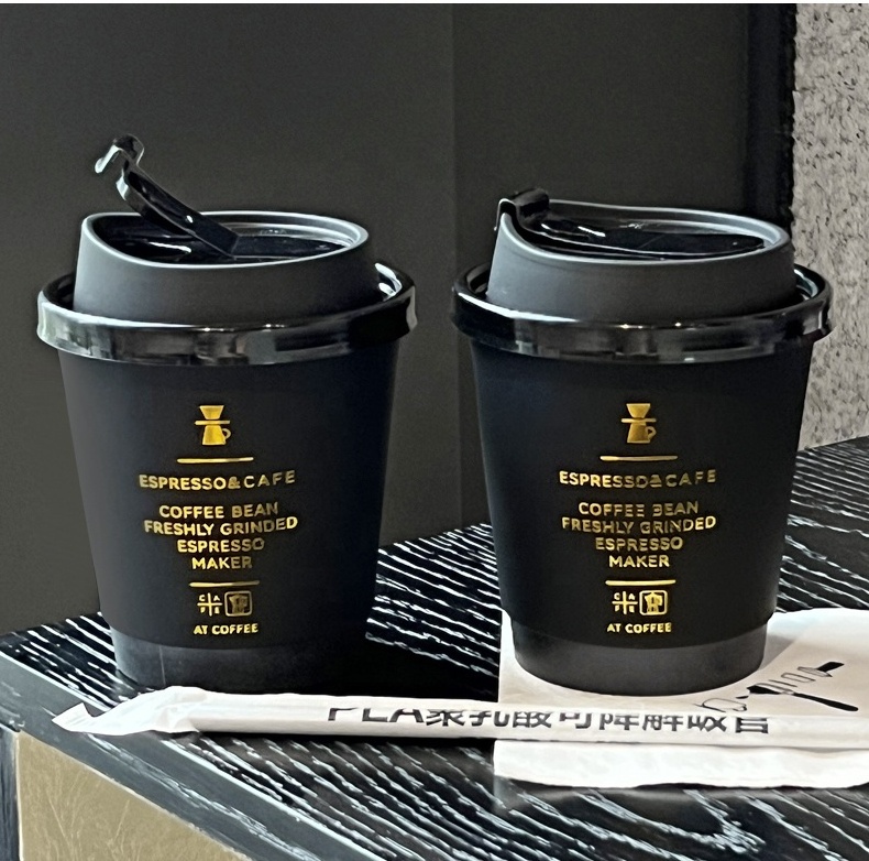 Limon 8oz 12oz disposable double wall gold foil stamping custom logo all black hot coffee paper cup with PS lid