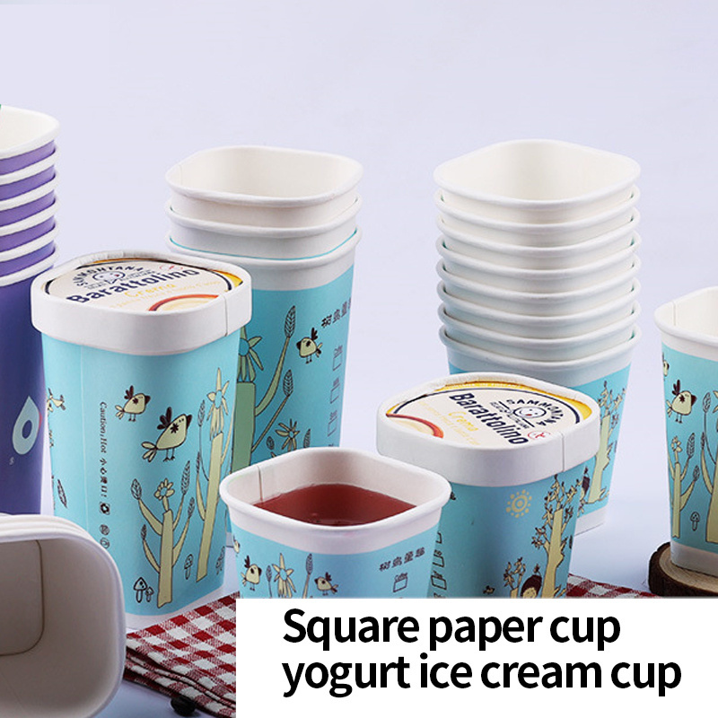 Custom Square Ice Cream Baked Yogurt Cups with Paper Lids Food Grade Paper Other Beverage Single Wall Paper Cup Customized Color