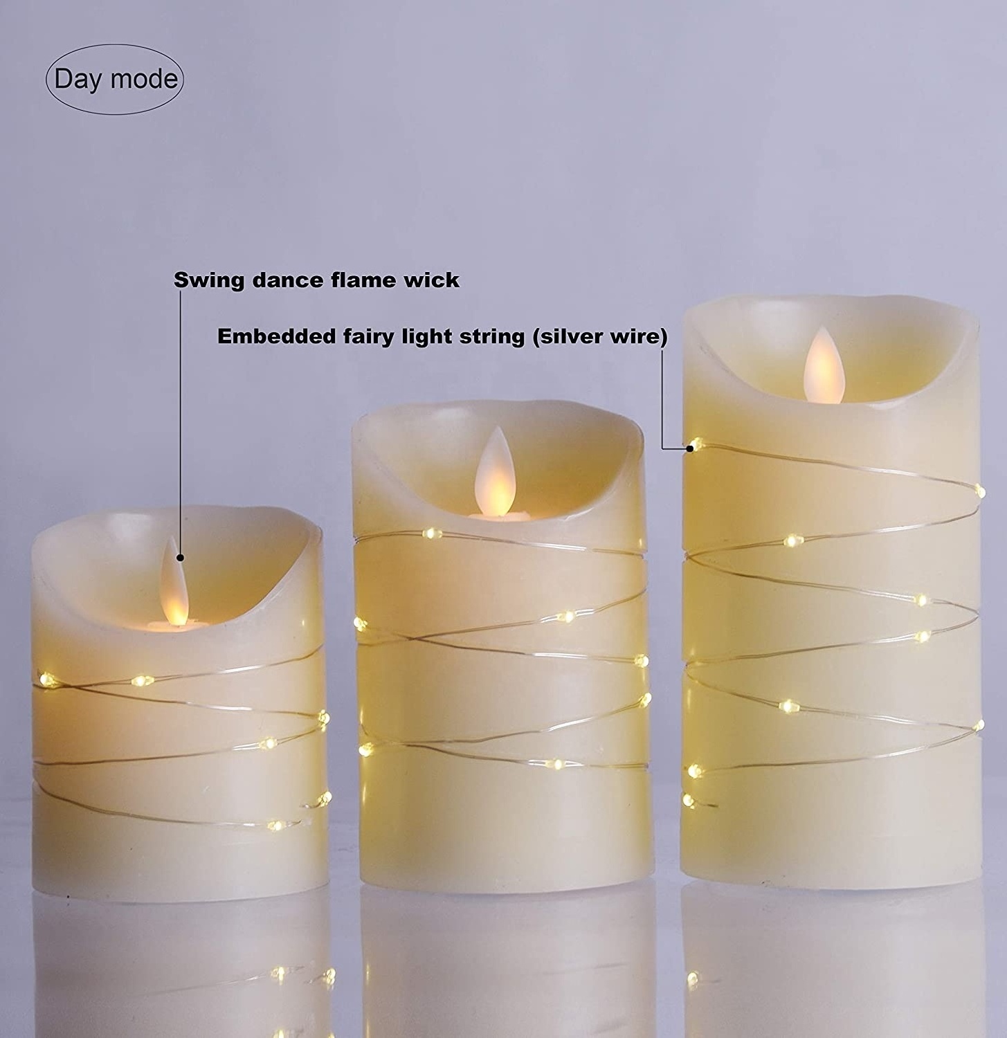 Real Wax Flameless Candles with Embedded String Lights, 3-Piece LED Candles with Remote Control