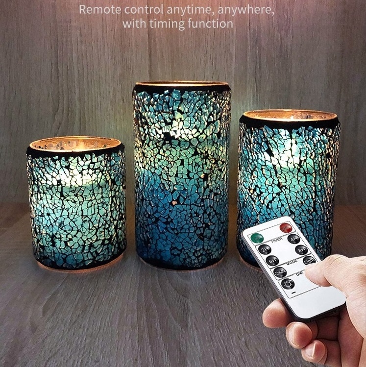 Remote Control Led Flameless Candle Battery Operated Candles Green Cracked Glass Pattern Moving Wick Candle With Timer (3Pack )