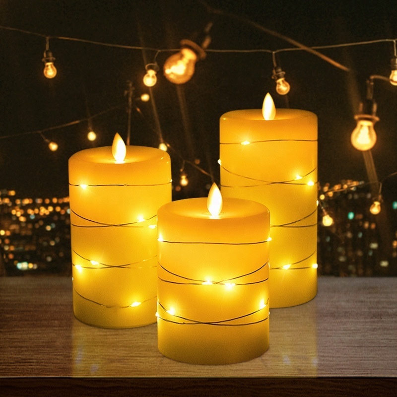 Real Wax Flameless Candles with Embedded String Lights, 3-Piece LED Candles with Remote Control