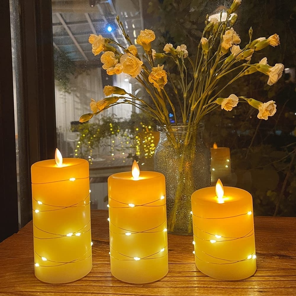 Real Wax Flameless Candles with Embedded String Lights, 3-Piece LED Candles with Remote Control