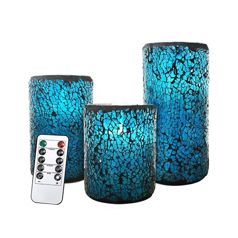 Remote Control Led Flameless Candle Battery Operated Candles Green Cracked Glass Pattern Moving Wick Candle With Timer (3Pack )