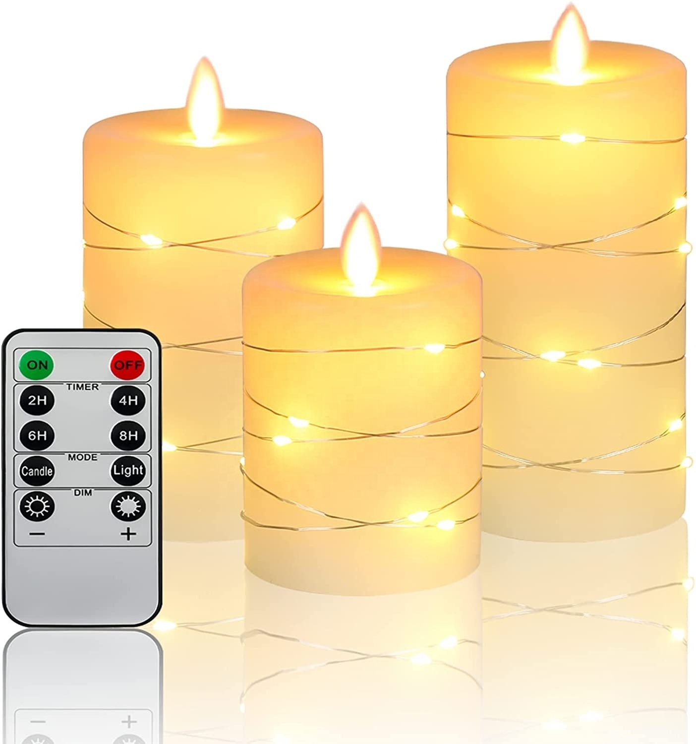 Real Wax Flameless Candles with Embedded String Lights, 3-Piece LED Candles with Remote Control