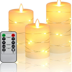 Real Wax Flameless Candles with Embedded String Lights, 3-Piece LED Candles with Remote Control