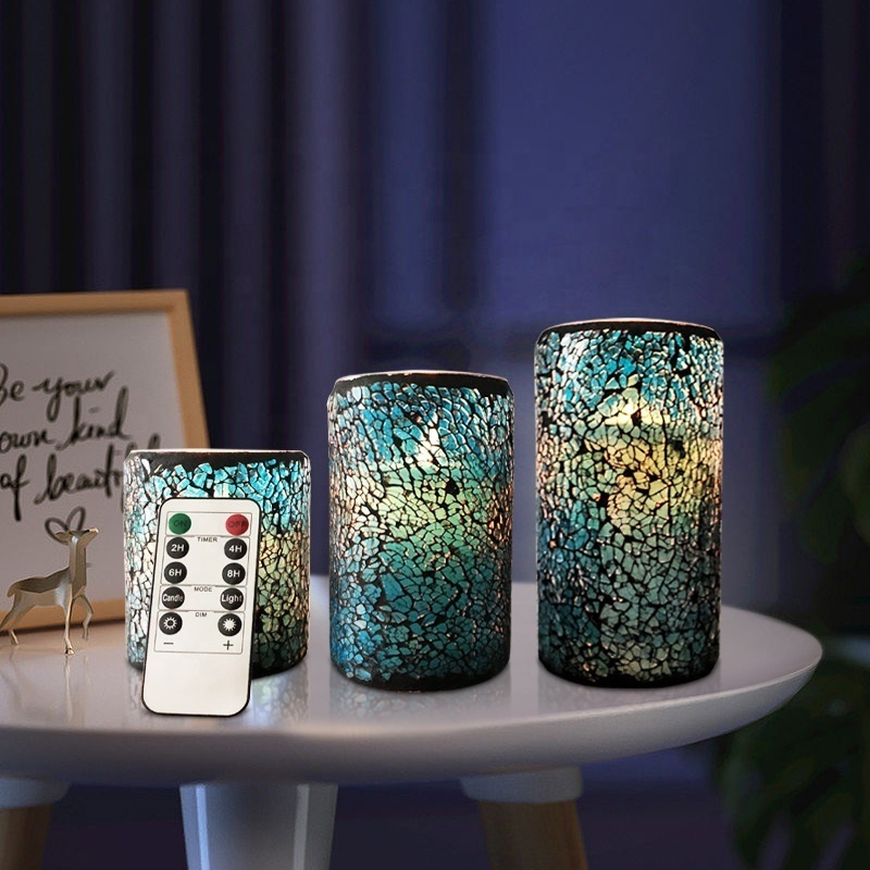 Remote Control Led Flameless Candle Battery Operated Candles Green Cracked Glass Pattern Moving Wick Candle With Timer (3Pack )