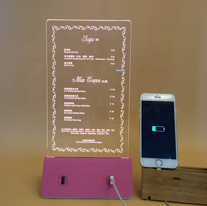 Custom High Quality Acrylic LED table tent LED menu holder Light Up Menu card for Restaurant