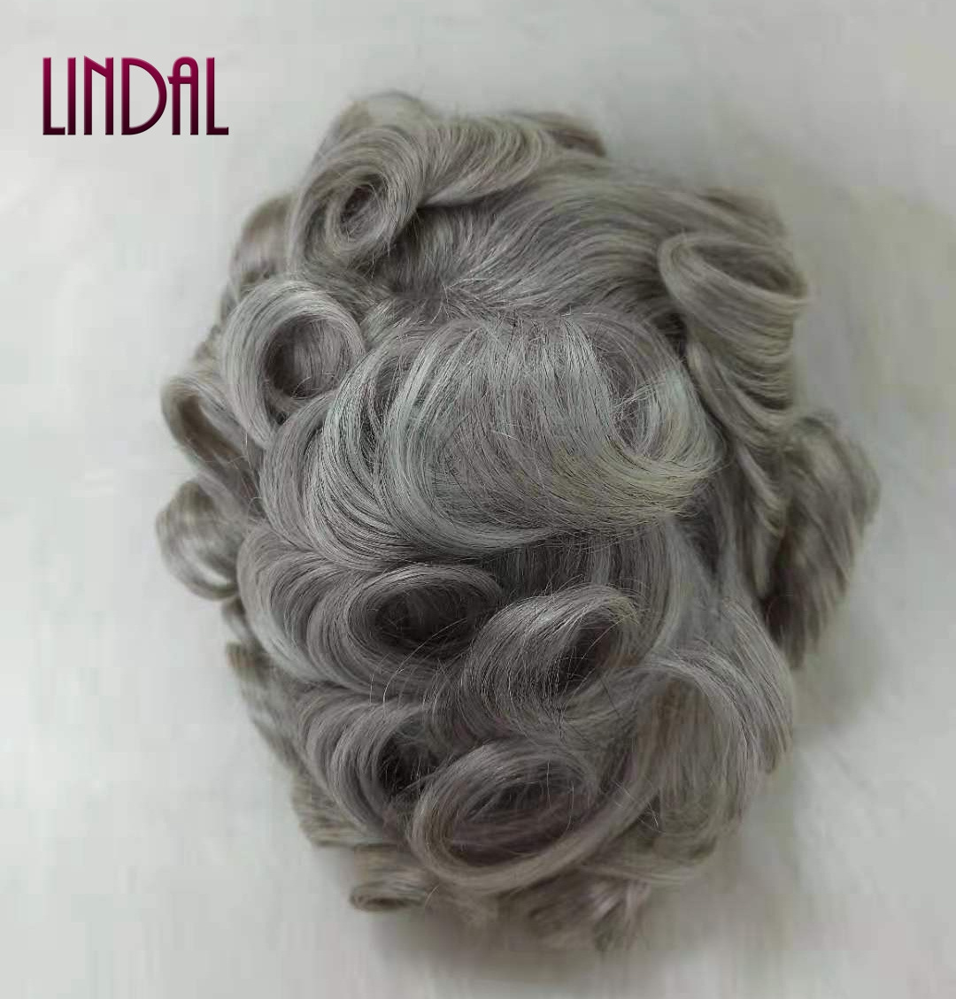 LINDAL grey hair mens toupee thin skin ng toupee hair wig hairpiece thin skin base 6mm wave afro men toupee