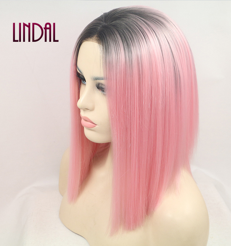 LINDAL synthetic bob silky straight lace front hair wig ombre colored two tone pink white women bob wigs