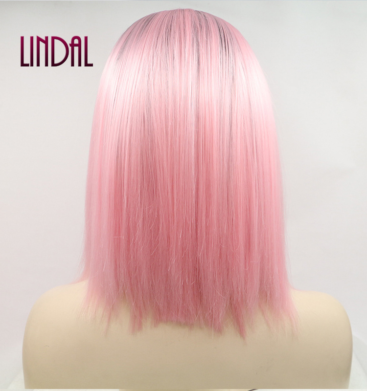 LINDAL synthetic bob silky straight lace front hair wig ombre colored two tone pink white women bob wigs