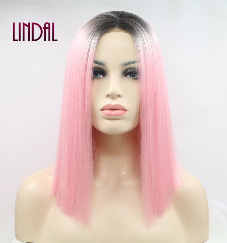 LINDAL synthetic bob silky straight lace front hair wig ombre colored two tone pink white women bob wigs