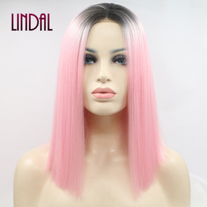 LINDAL synthetic bob silky straight lace front hair wig ombre colored two tone pink white women bob wigs