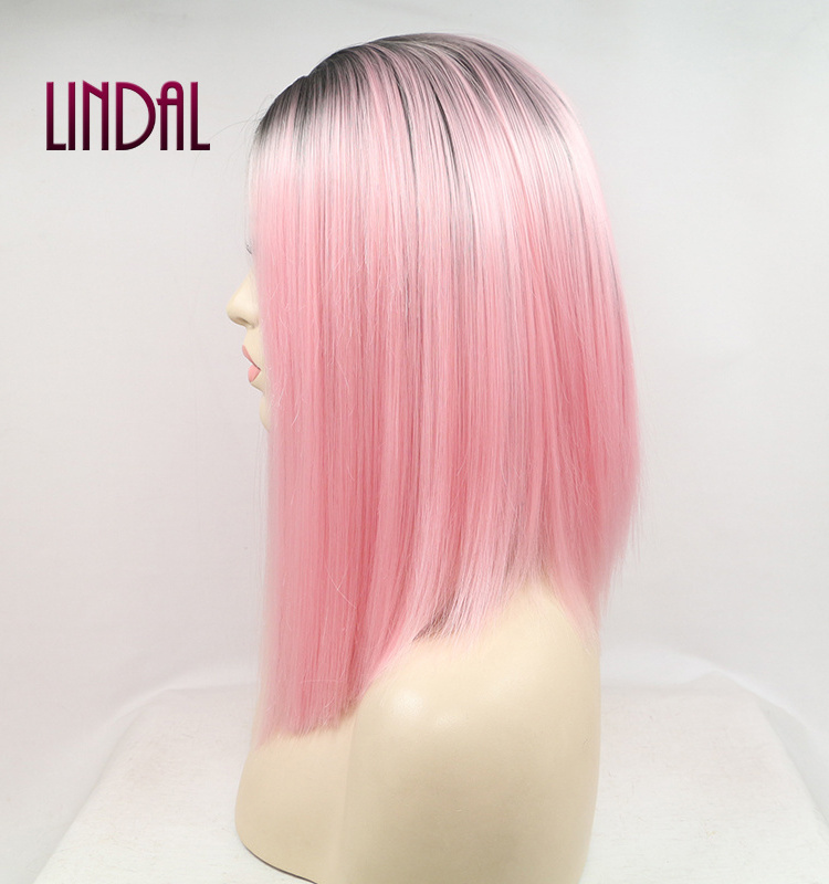 LINDAL synthetic bob silky straight lace front hair wig ombre colored two tone pink white women bob wigs