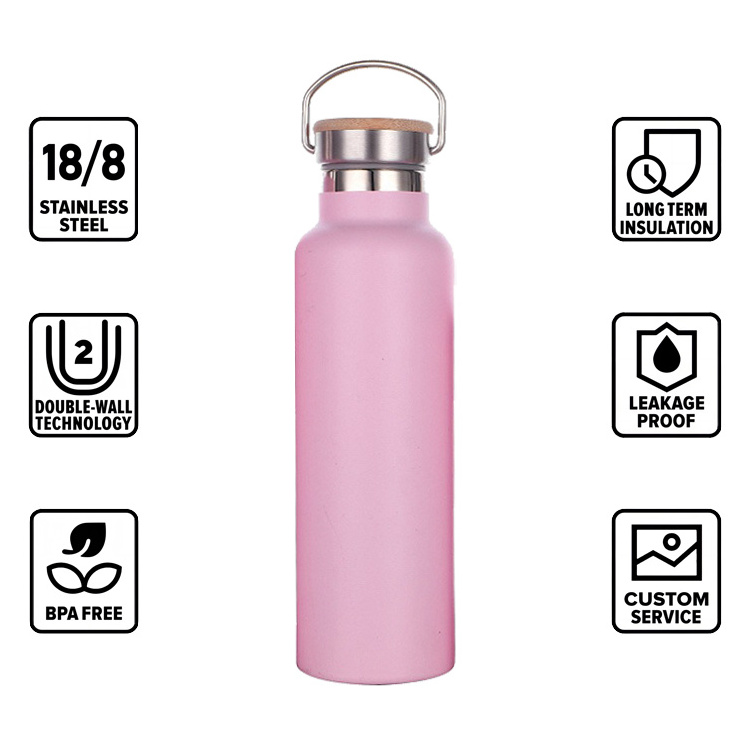 500ml 600ml 1000ml Customized Insulated Logo Sport Drink Bottle Double Walled Stainless Steel Water Bottle with Bamboo Lid