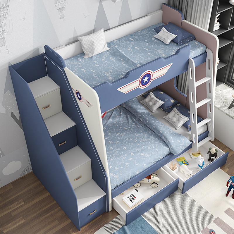 Captain America Style Solid wood Blue Children's bunk bed with Ark of the stairs kids bunk bed furniture bunk bed