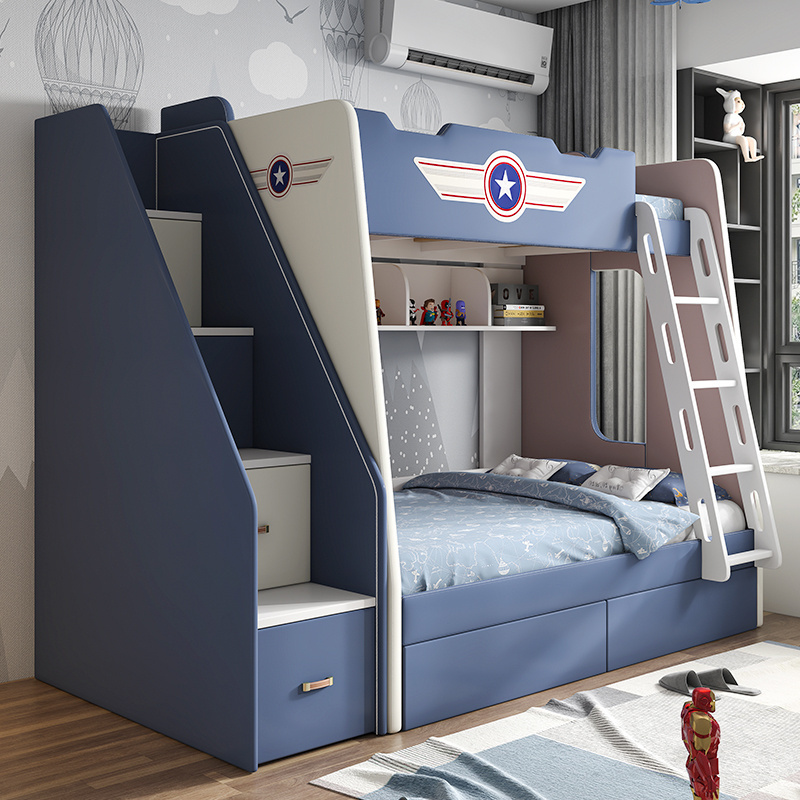 Captain America Style Solid wood Blue Children's bunk bed with Ark of the stairs kids bunk bed furniture bunk bed