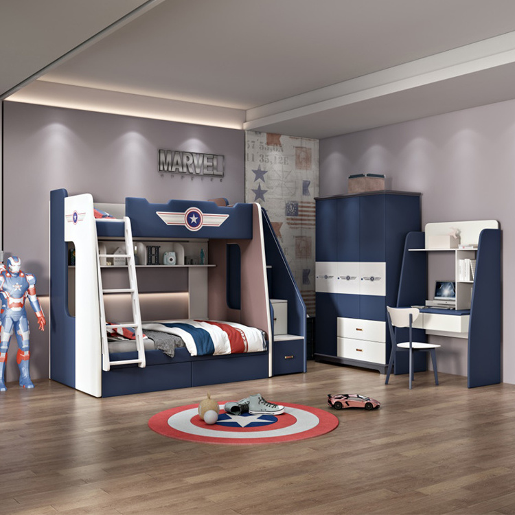 Captain America Style Solid wood Blue Children's bunk bed with Ark of the stairs kids bunk bed furniture bunk bed