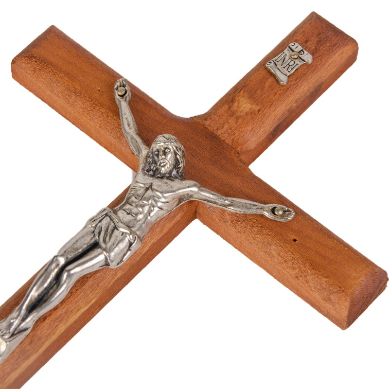 In Stock different sizes Brown Church Wall Hanging Home Decoration Pray Alloy Crucifix  silver Plated ODM Big Wood Cross