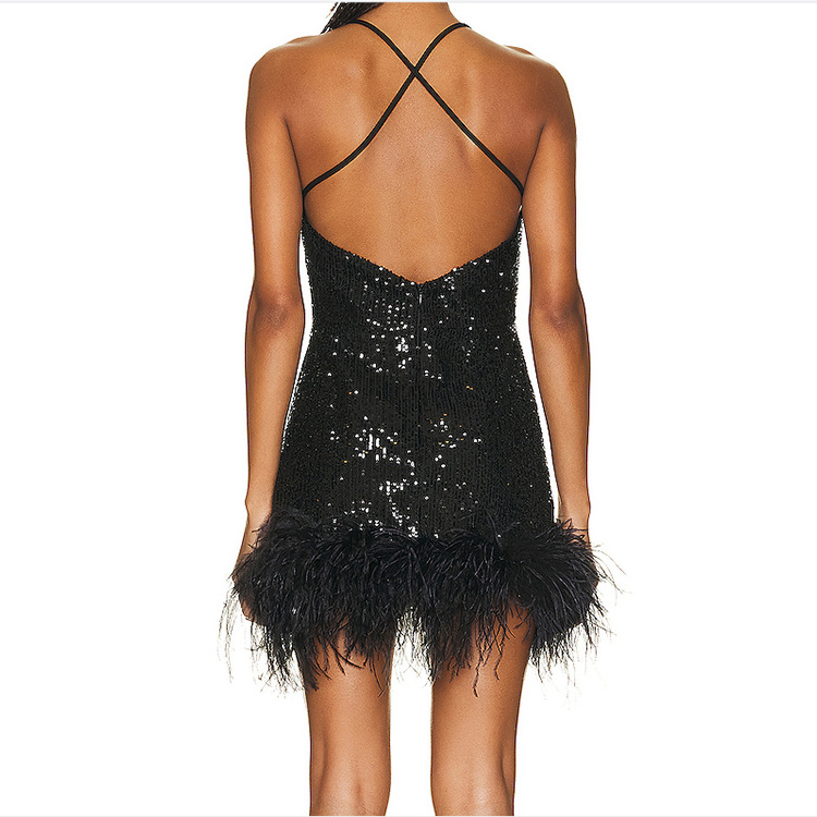 High quality women party holiday sequin dress sexy mini dress with ostrich feathers Evening Party Wear dress For Wome