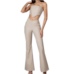 OEM Women Fashion Vest and Pants Set Party Trousers Sets for Ladies  V Crossover High Waisted Flare Workout Pants for women