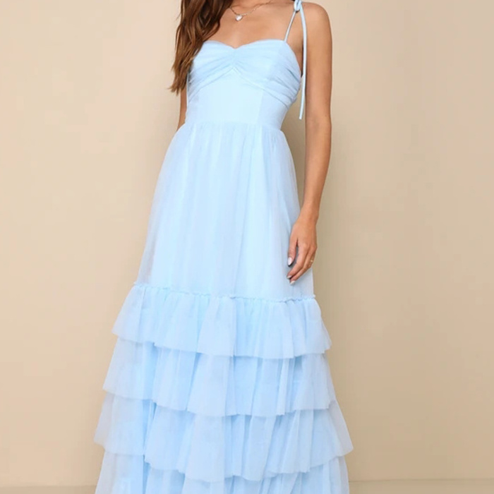 Evening Dresses Women Long Formal Party Light Blue Tulle Tiered Maxi Dress Spaghetti Strap Sleeveless Off The Shoulder Dress