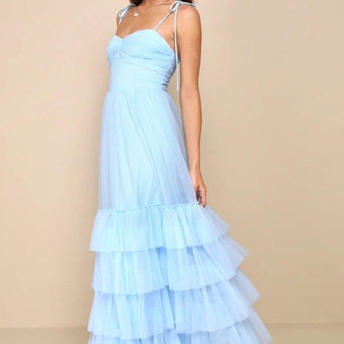 Evening Dresses Women Long Formal Party Light Blue Tulle Tiered Maxi Dress Spaghetti Strap Sleeveless Off The Shoulder Dress