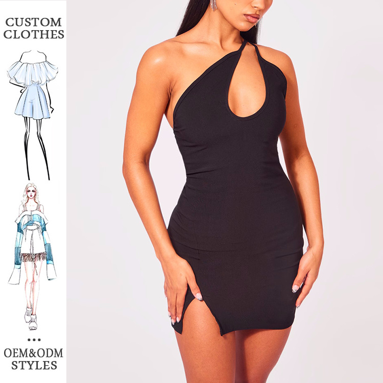 Women Sexy Summer Short Dress Party Clubwear Black Stretch Woven Hollow Out One Shoulder Bodycon Mini Dress