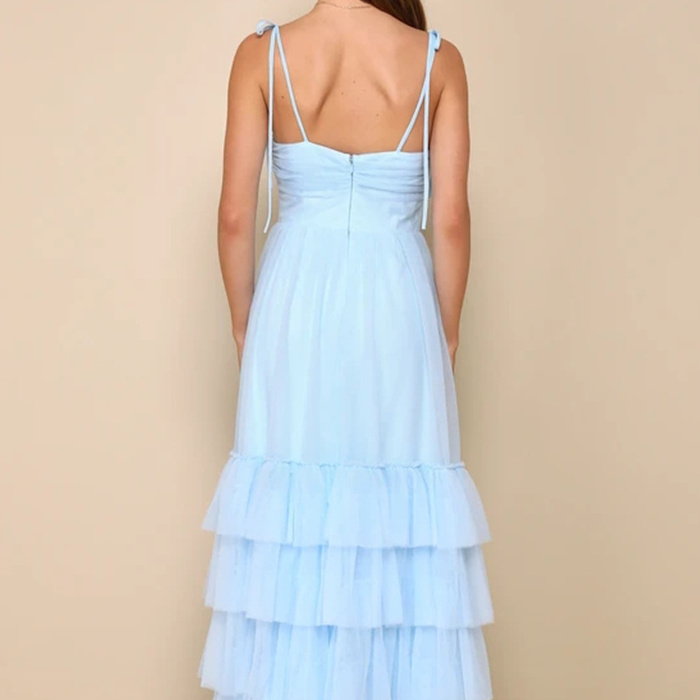 Evening Dresses Women Long Formal Party Light Blue Tulle Tiered Maxi Dress Spaghetti Strap Sleeveless Off The Shoulder Dress