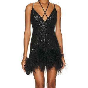 High quality women party holiday sequin dress sexy mini dress with ostrich feathers Evening Party Wear dress For Wome