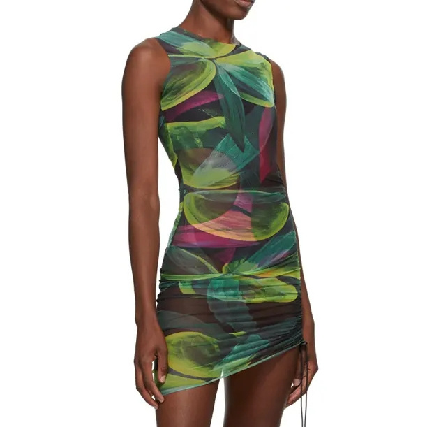 Stylish Dresses For Women Party Dress Cocktail Digital Printing Sleeveless Asymmetry Mini Mesh Dress For Women