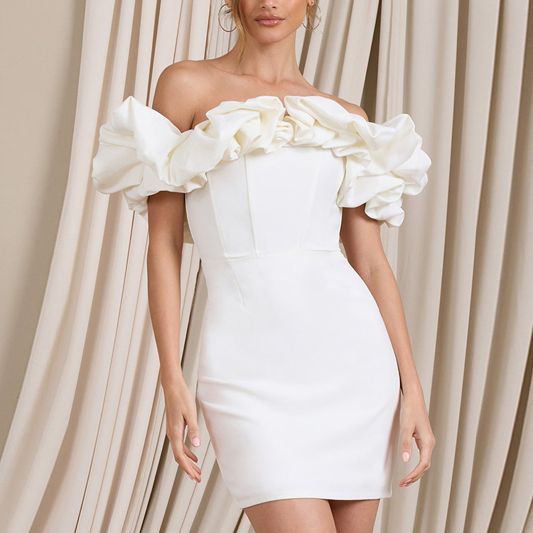 New Women's Elegant Evening White Dresses Ruffled Off-Shoulder Strapless Bodycon Mini Dress Prom Party Evening Dress