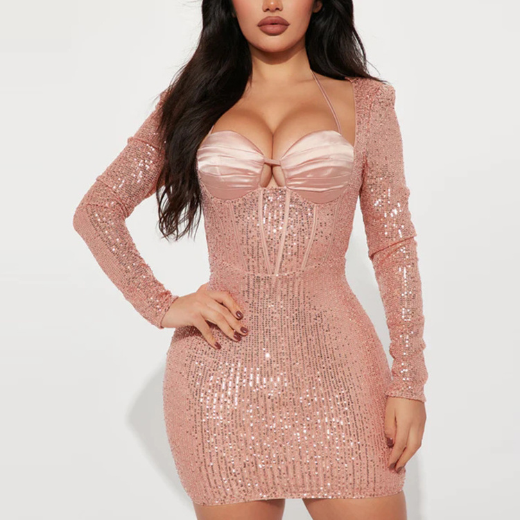 New Sexy Rose Gold Sequin Long Sleeve Padded Bra Tie Halter Bodycon Mini Dress Prom Dresses Party Evening Dress