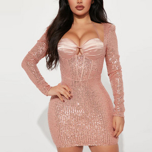 New Sexy Rose Gold Sequin Long Sleeve Padded Bra Tie Halter Bodycon Mini Dress Prom Dresses Party Evening Dress