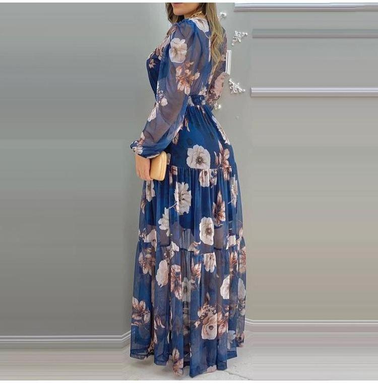 Wholesale Customized Chiffon Floral Dress Casual V Neck Mesh Print Maxi Dresses Women Elegant Long Dress