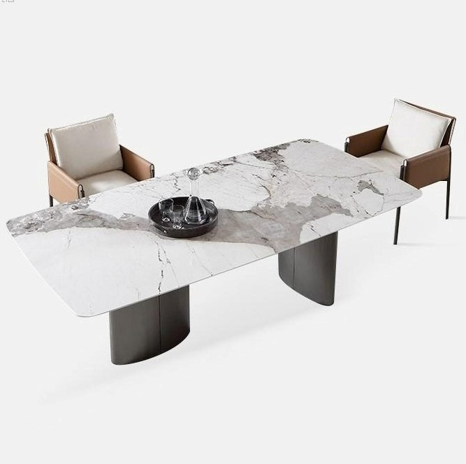 Italy design C shape stainless steel golden base rectangular marble table set luxury dining table and chairs