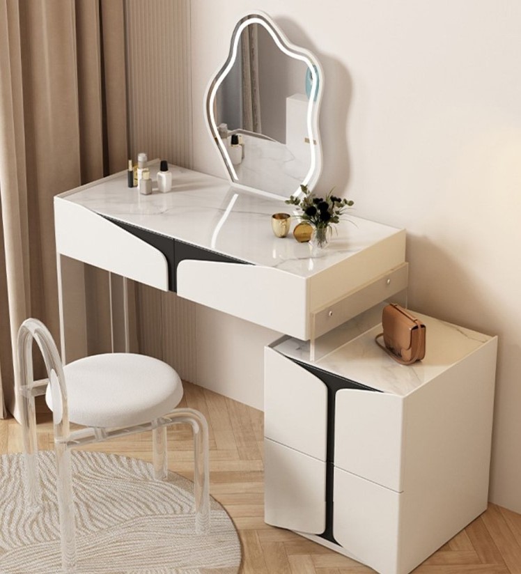 Bedroom Led Light Sliding Mirror Touch Screen Wood Dresser Desk Table Storage Drawer Shelves Dressing Makeup Vanity Table