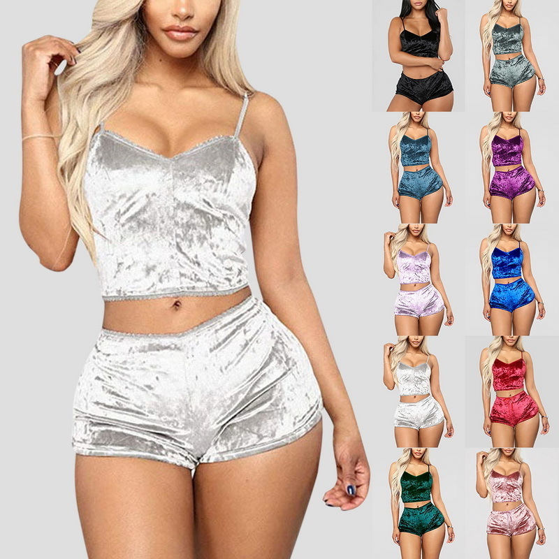 Satin Night Home Suits Wear Sleeveless Top And Shorts Ladies Pajama Set Cute Print Pattern Sleepwear Silk V Neck Sexy Pijama