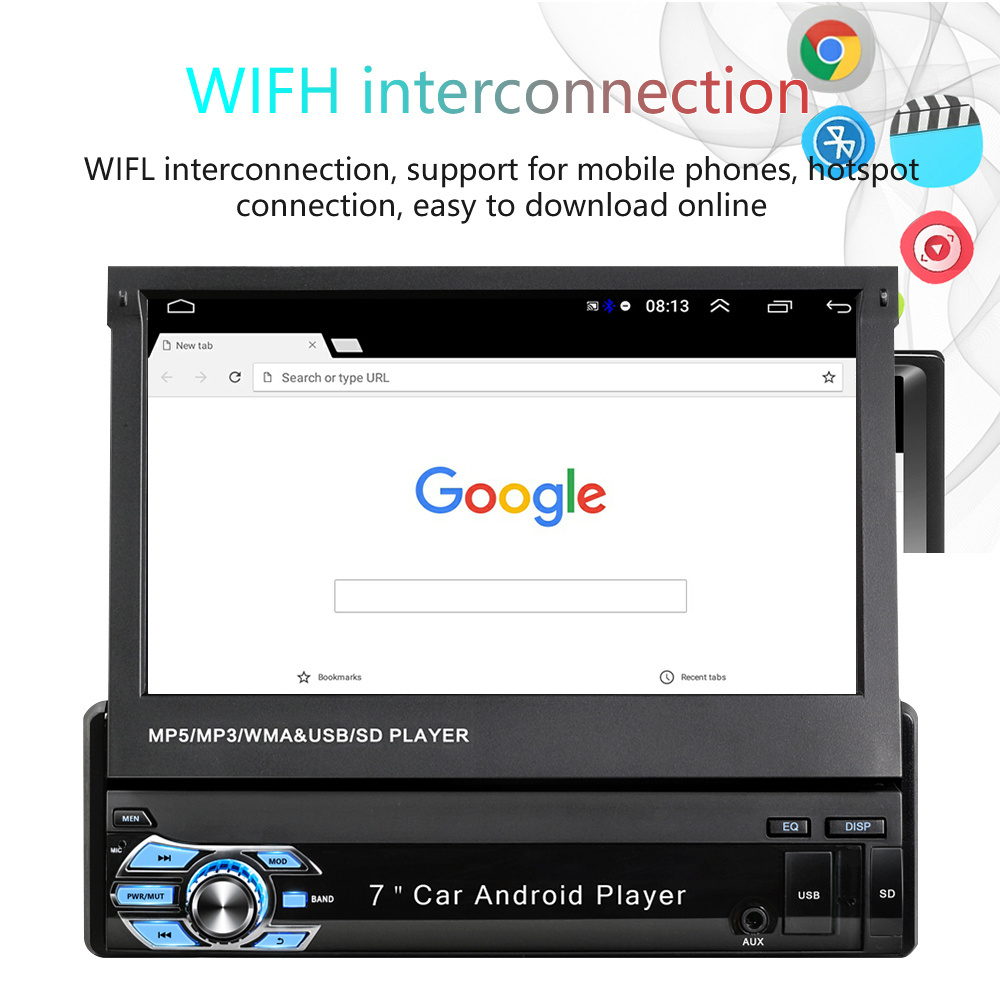 1 Din Android 11 Car Radio  GPS WIFI  32G Stereo Autoradio 7 Inch Retractable Screen Bluetooth Video Multimedia MP5