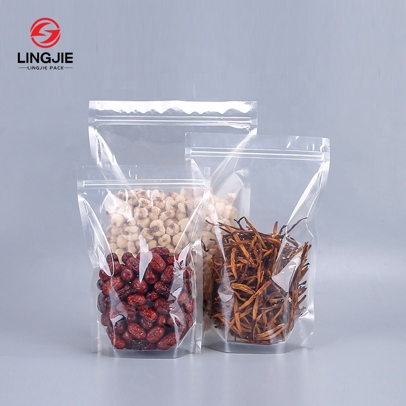 Lingjie Plastic Bags Wholesale Waterproof Pouches Custom Packaging Zip Lock Clear Stand Bag With Custom Logo