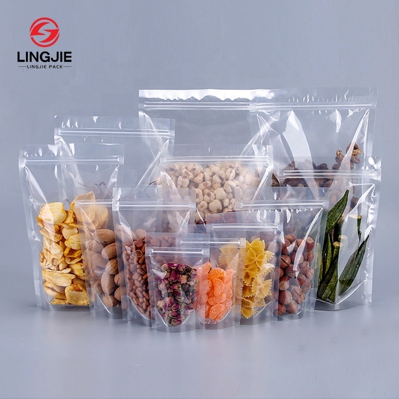 Lingjie Plastic Bags Wholesale Waterproof Pouches Custom Packaging Zip Lock Clear Stand Bag With Custom Logo