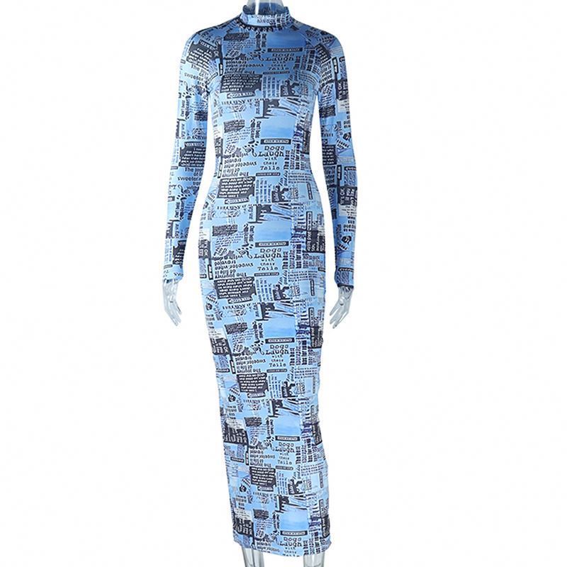 Autumn Dresses 2023 Newspaper Print Maxi Dress Party Night Clubwear Women Blue Dress