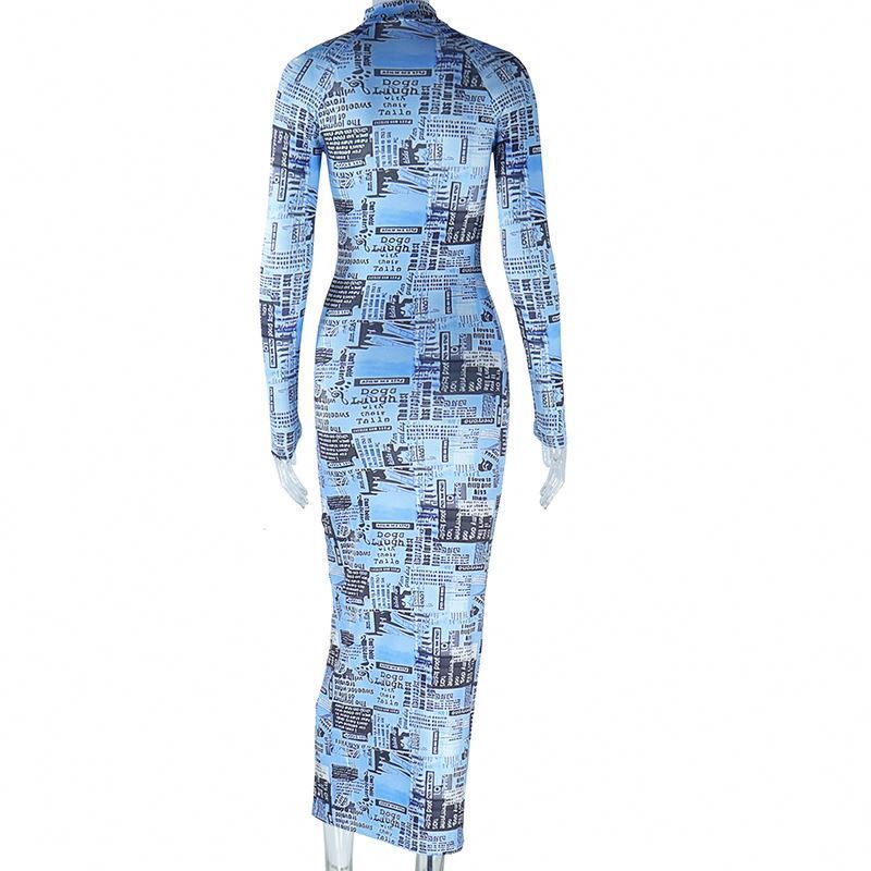 Autumn Dresses 2023 Newspaper Print Maxi Dress Party Night Clubwear Women Blue Dress