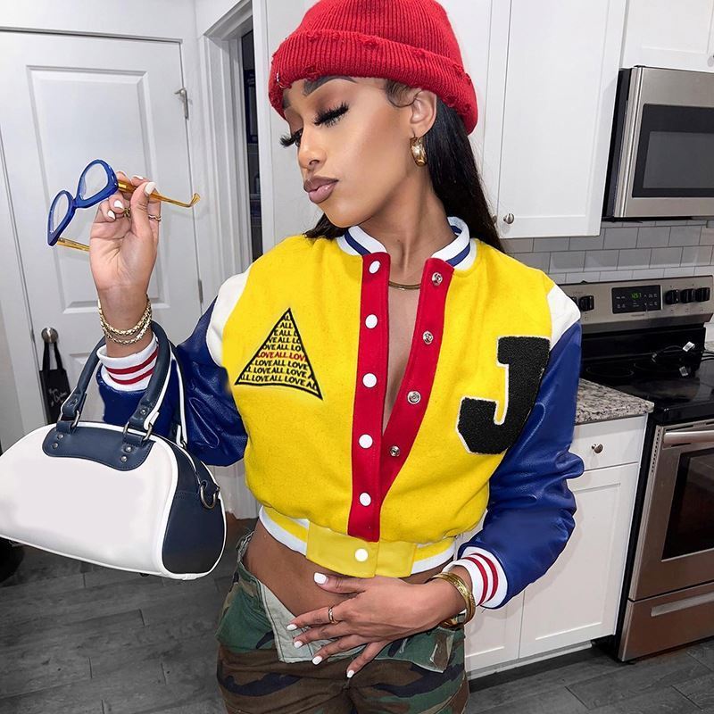 Hot Selling Trendy Letter Patches Baseball Jacket Leather Sleeve Crop Varsity Jacket Women