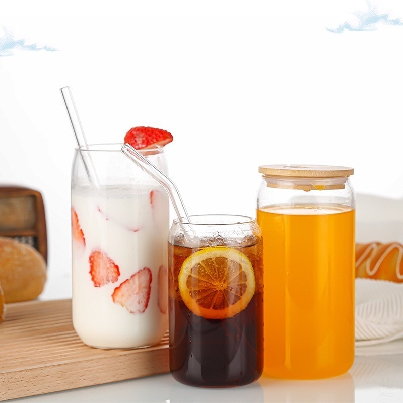 New Trend Steins Can Cups Clear Milk Tea Coffee Beer Glass Soda Beverage Bottle with Bamboo Lid