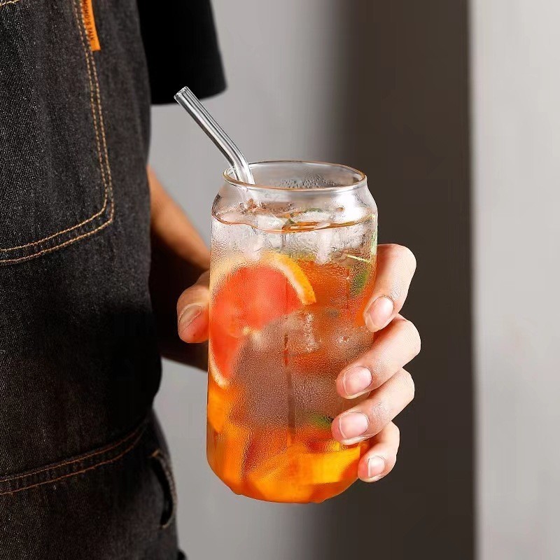 New Trend Steins Can Cups Clear Milk Tea Coffee Beer Glass Soda Beverage Bottle with Bamboo Lid