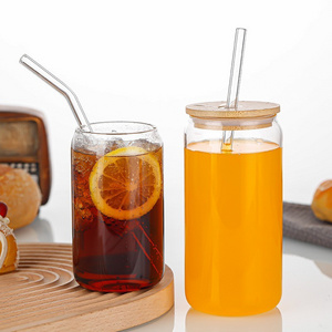 New Trend Steins Can Cups Clear Milk Tea Coffee Beer Glass Soda Beverage Bottle with Bamboo Lid