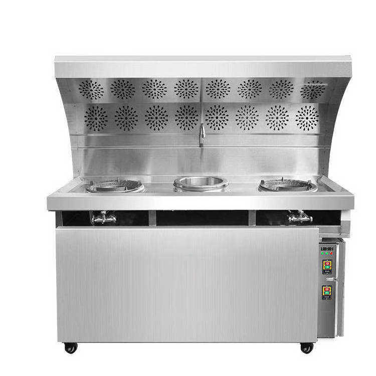 High Quality Commercial Restaurant Stainless Steel Gas Range Hood Intergrated Fume Purification Gas Stove for Chinese Cooking