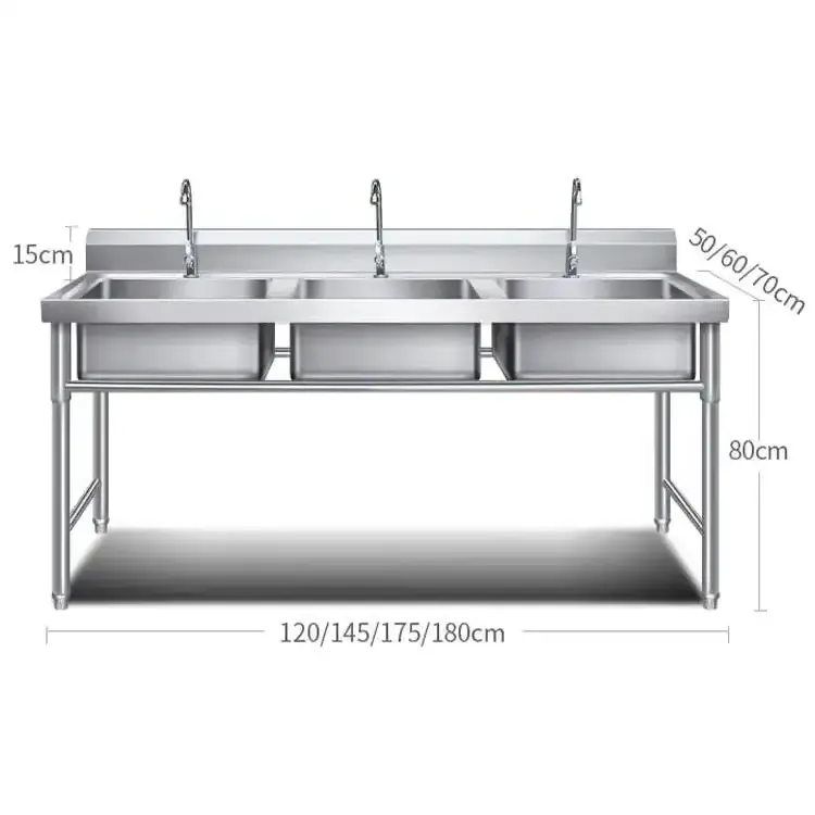 LYROE Commercial Kitchen Standing Stainless Steel Work Place Multi-sink Triple Double Basin Wash Sink with Faucets