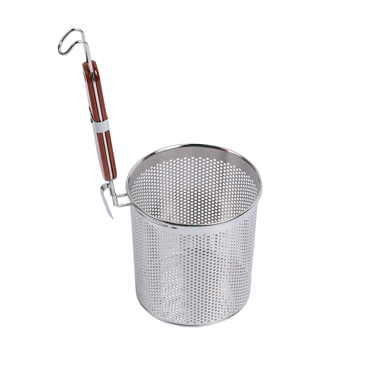 Lyroe Wholesale Price Stainless Steel Kitchenware Spaghetti Pasta Noodles Food Strainer Basket With Plastic Wooden Handle