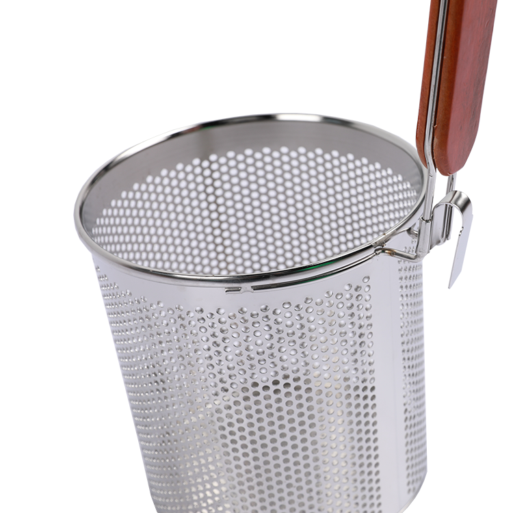 Lyroe Wholesale Price Stainless Steel Kitchenware Spaghetti Pasta Noodles Food Strainer Basket With Plastic Wooden Handle